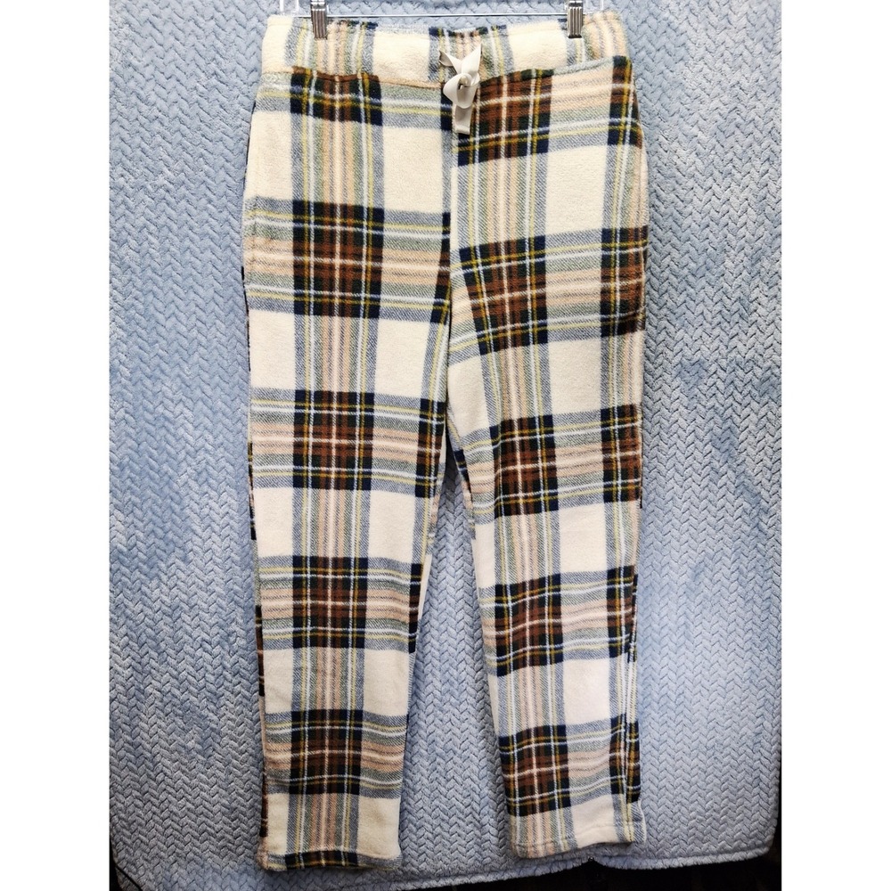 Fornia Los Angeles Plaid Fleece‎ Pajama Pants Cream Blue Brown Mens Medium